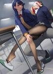  1boy 1girl absurdres beeeeen black_pantyhose blazer blue_eyes blue_hair blue_jacket blurry bow bowtie cardigan censored clothed_sex clothes_grab depth_of_field desk domination femdom grey_pants grey_skirt hetero highres indoors jacket looking_at_another mask_panties miru_tights mosaic_censoring nakabeni_yua necktie necktie_grab neckwear_grab open_clothes open_jacket open_mouth pants pantyhose red_bow red_bowtie red_necktie school_desk school_uniform shirt shoes sitting skirt smile uwabaki white_shirt yellow_cardigan 