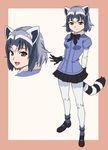  :d amano_yoki animal_ears anime_coloring arms_behind_back black_bow black_footwear black_gloves black_hair black_legwear black_skirt blue_shirt border bow breasts common_raccoon_(kemono_friends) fang fur_collar gloves grey_hair kemono_friends looking_at_viewer looking_back mary_janes medium_breasts multicolored_hair multiple_views open_mouth pantyhose pleated_skirt puffy_short_sleeves puffy_sleeves raccoon_ears raccoon_tail shirt shoes short_sleeves skirt smile standing striped_tail tail white_background white_hair white_legwear 