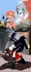  3girls barefoot beret black_jacket black_shorts blonde_hair blue_eyes blue_hair blue_shirt closed_mouth colored_tongue decavitator_(splatoon) earclip fangs full_body golden_egg_(splatoon) gradient_eyes green_hat grey_footwear grey_shirt grey_socks hand_on_own_hip hat highres holding holding_weapon hydra_splatling_(splatoon) ink_tank_(splatoon) inkling inkling_girl inkling_player_character jacket lantern_madoyoi layered_sleeves lifebuoy long_hair long_sleeves multicolored_eyes multiple_girls open_mouth orange_eyes orange_hair outdoors pointy_ears shirt short_hair short_over_long_sleeves short_sleeves shorts sidelocks sitting skin_fangs smile socks splatoon_(series) standing sweater swim_ring t-shirt tentacle_hair thick_eyebrows twintails two-tone_eyes very_long_hair weapon white_sweater wristband yellow_eyes yellow_tongue 