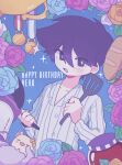  1boy baguette blush bow bread bright_pupils character_name collarbone ems_(omori) flower food frying_pan hamster happy_birthday hero_(headspace)_(omori) hero_(omori) highres holding holding_frying_pan holding_spatula jam jar long_sleeves looking_at_viewer male_focus medal mewowem_omo omori open_mouth pajamas purple_eyes purple_hair rose short_hair smile solo spatula trophy white_pupils yellow_bow 