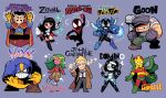  3girls 6+boys absurdres android aqua_eyes arm_cannon avengers_(series) beret black_bodysuit black_hair black_jacket black_necktie blonde_hair blue_beetle blue_shirt bodysuit brown_coat brown_footwear brown_pants cape cigar clenched_hand clenched_hands coat collared_shirt crossed_legs dc_comics doctor_strange doctor_strange_(series) domino_(marvel) dual_wielding facial_hair floating gloves goatee_stubble goon_(the_goon) green_cape green_footwear green_gloves green_hair green_pants grey_gloves gun hat hellblazer highres holding holding_cigar holding_gun holding_wand holding_weapon holding_wrench holster insect_wings jacket john_constantine justice_league leotard long_hair marvel maxx miles_morales mister_miracle multicolored_hair multiple_boys multiple_girls mustache necktie pale_skin pants purple_bodysuit rariatto_(ganguri) red_cape red_sweater shirt short_hair spider-man_(miles_morales) spider-man_(series) striped_clothes striped_shirt stubble superhero_costume superhero_trunks sweater the_goon the_maxx thigh_holster top_hat trench_coat two-tone_hair vivian_vizion wand weapon white_bodysuit white_footwear white_gloves wings wrench x-men yellow_eyes yellow_gloves zatanna_zatara 