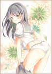  :o arched_back ass bangs black_hair black_skirt blouse blush colored_pencil_(medium) commentary_request eyebrows_visible_through_hair floral_background green_eyes grey_hair long_hair looking_at_viewer looking_back marker_(medium) original panties parted_lips potto sample school_uniform serafuku short_sleeves skirt skirt_around_one_leg solo thighs traditional_media underwear undressing white_blouse white_panties 