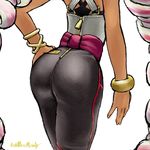  1girl arms_(game) ass back black_pants dark_skin from_behind hand_on_hips huge_ass lower_body pants simple_background solo twintelle_(arms) white_background wide_hips zipper 