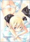 ass blonde_hair blue_eyes blush butt_crack camisole colored_pencil_(medium) commentary_request covered_mouth erica_hartmann eyebrows_visible_through_hair hair_between_eyes looking_at_viewer lowleg lowleg_panties lying marker_(medium) on_stomach panties potto sample short_hair solo strike_witches thighs traditional_media underwear white_panties world_witches_series 