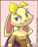  anthro bianca_(spyro) blonde_hair blue_eyes blush border breasts brown_dress cleavage clothed clothing d-run digital_media_(artwork) dress female fur hair half-closed_eyes lagomorph long_ears looking_away mammal pink_nose portrait rabbit short_sleeves signature solo spyro_the_dragon tan_fur video_games 