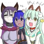  animal_ears aqua_hair bangs bare_shoulders black_gloves blush bodysuit breasts choker collar commentary_request dark_skin dog_ears fate/grand_order fate_(series) gloves hair_ornament hairband hassan_of_serenity_(fate) heart heart-shaped_pupils horns huge_breasts japanese_clothes kimono kiyohime_(fate/grand_order) large_breasts leotard long_hair looking_at_viewer minamoto_no_raikou_(fate/grand_order) multiple_girls open_mouth purple_eyes purple_hair short_hair smile symbol-shaped_pupils tsukihaikimaru_(ikimaru) very_long_hair yellow_eyes 