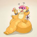  2019 3_toes 4_fingers ? anthro argon_vile balls big_balls bracelet brown_background claws confusion eyewear front_view hi_res huge_balls humanoid_penis hyper hyper_balls hyper_penis jewelry koopa koopaling long_foreskin male mario_bros motion_lines mushroom nintendo nude open_mouth orange_body penis roy_koopa scalie scratching_head simple_background sitting sitting_on_balls solo spiked_bracelet spikes sunglasses toes uncut video_games 