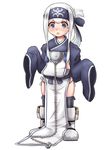  ainu_clothes blue_eyes chain commentary_request folded_ponytail headband kamoi_(kantai_collection) kantai_collection long_hair oversized_clothes pelvic_curtain shoes simple_background sleeves_past_fingers sleeves_past_wrists solo thick_eyebrows white_background white_footwear white_hair younger yukimi_unagi 