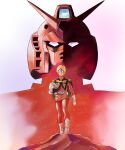  1boy absurdres belt blonde_hair char_aznable gloves gundam helmet highres jacket kobakin long_sleeves looking_at_viewer male_focus mask mecha military military_uniform mobile_suit mobile_suit_gundam retro_artstyle robot rx-78-2 science_fiction short_hair v-fin yellow_eyes zeon 