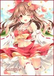 ascot bangs bare_shoulders bow breasts brown_hair colored_pencil_(medium) detached_sleeves flower hair_bow hair_flower hair_ornament hair_tubes hakurei_reimu long_hair looking_at_viewer marker_(medium) medium_breasts midriff miniskirt navel one_eye_closed open_mouth petals potto red_bow red_eyes red_flower red_rose red_skirt ribbon-trimmed_legwear ribbon-trimmed_sleeves ribbon_trim rose rose_petals sample sidelocks skirt skirt_set solo thighhighs touhou traditional_media very_long_hair vest wavy_hair white_legwear 