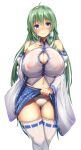  1girl ahoge bangs bare_shoulders blue_eyes blue_skirt blush breasts cleavage_cutout commentary_request detached_sleeves ebi_193 erect_nipples eyebrows_visible_through_hair feet_out_of_frame gluteal_fold green_hair hair_between_eyes hand_on_own_chest hand_up huge_breasts kochiya_sanae lifted_by_self long_hair long_sleeves looking_at_viewer navel nipples panties see-through shirt simple_background skindentation skirt skirt_lift smile solo standing stomach thighhighs thighs touhou underwear very_long_hair white_background white_legwear white_panties white_shirt wide_sleeves wing_collar 