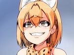  animal_ears bare_shoulders bow bowtie brown_eyes commentary_request evil_grin evil_smile extra_ears eyebrows_visible_through_hair gradient gradient_background grin hair_between_eyes isuna kemono_friends parody serval_(kemono_friends) serval_ears serval_print smile solo yuu-gi-ou 