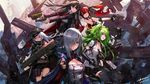  assault_rifle axe black_cape black_gloves black_hair black_legwear black_shorts black_skirt breasts cape choker cleavage collarbone cz-75 cz-75_(girls_frontline) elbow_gloves fingerless_gloves floating_hair g11 g11_(girls_frontline) girls_frontline gloves green_eyes green_hair gun hair_between_eyes hair_over_one_eye handgun highres holding holding_gun holding_weapon infukun long_hair m950a_(girls_frontline) medium_breasts mg5_(girls_frontline) military miniskirt multiple_girls necktie nz_75_(girls_frontline) open_mouth pleated_skirt red_eyes red_hair red_neckwear red_shirt rifle shell_casing shirt shorts side_ponytail sidelocks silver_hair skirt sleeveless sleeveless_shirt thighhighs twintails very_long_hair weapon white_shirt yellow_eyes 