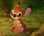  2017 4_toes alien back_tuft bambi bambi_(film) black_claws black_nose brown_eyes brown_fur claws cute digital_media_(artwork) disney experiment_(species) fur grainy head_tuft lilo_and_stitch screencap_background signature sitting small_tail smile solo tartii toes tuft 
