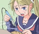  artist_request blonde_hair blue_eyes blush crying crying_with_eyes_open futaba_channel lowres non-web_source oekaki open_mouth original school_uniform serafuku smoke soldering soldering_iron solo tears twintails 