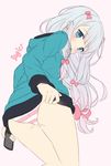  ass blue_eyes blue_hair blush bow character_name commentary_request covered_mouth eromanga_sensei from_behind grey_hair hair_bow hitsukuya holding holding_phone izumi_sagiri long_hair low-tied_long_hair panties phone pink_bow pink_panties purple_background simple_background solo striped striped_panties underwear white_panties 