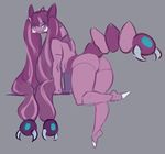  anthro bent_over butt drapion female grey_background hair liveforthefunk long_hair nintendo nude pok&eacute;mon purple_hair simple_background smile solo video_games 