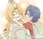  animal_ears artist_name backpack bag black_hair blonde_hair blush bow bowtie cheek_squash closed_eyes elbow_gloves gloves hands_on_another's_face hat hat_feather hat_removed headwear_removed helmet kaban_(kemono_friends) kemono_friends multiple_girls open_mouth pith_helmet serval_(kemono_friends) serval_ears serval_print serval_tail tail tail_wagging umiroku upper_body 