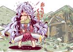  absurdly_long_hair bare_shoulders barefoot breasts cleavage commentary_request covered_nipples detached_sleeves green_hair hair_over_one_eye hatchet large_breasts leaning_forward long_hair mature muuba no_bra oriental_hatchet red_eyes red_skirt sakata_nemuno shirt single_strap skirt touhou very_long_hair wavy_hair yellow_shirt 
