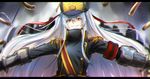  altair_(re:creators) bangs eyebrows_visible_through_hair floating_swords gauntlets grin hair_between_eyes hat isshiki_(ffmania7) letterboxed long_hair military military_hat military_uniform multiple_swords outstretched_arms parted_lips re:creators red_eyes smile smirk solo two_side_up uniform upper_body 