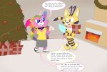 3_toes 4_fingers antennae_(anatomy) anthro arthropod bee black_stripes blue_eyes bottomwear bow_collar bow_scarf bracelet butterfly cartoon_eyes cat-bee_(poppy_playtime) chest_tuft christmas christmas_tree clothing collar dialogue domestic_cat duo ear_tuft equid equine feet felicity_(rainbow_butterfly_unicorn_kitty) felicity_(the_succubus_hunt) felid feline felis female fingers fireplace footwear fur gift gold_(metal) gold_bracelet gold_ear_ring gold_jewelry grey_bottomwear grey_clothing grey_skirt guilrel hand_behind_back handpaw heart_collar heart_pawpads hi_res holding_object holidays horn hybrid hymenopteran insect insect_wings jewelry lepidopteran lepidopteran_wings long_skirt mammal meri_(cat-bee_form) meri_(the_succubus_hunt) mob_entertainment multicolored_body multicolored_fur multicolored_tail mythological_creature mythological_equine mythology pawpads paws pink_body pink_fur pink_pawpads plant poppy_playtime purple_eyes rainbow_body rainbow_butterfly_unicorn_kitty rainbow_fur rainbow_tail raised_hand sandals shirt shoes short_stack skirt spade_tail stinger_tail stripes tail tank_top the_succubus_hunt toes topwear tree tuft unicorn unicorn_horn white_muzzle white_pawpads wings yellow_and_black yellow_body yellow_clothing yellow_fur yellow_shirt yellow_tank_top yellow_topwear