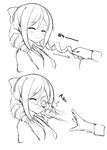 blush closed_eyes commentary drill_hair greyscale hair_between_eyes hair_pull harukaze_(kantai_collection) japanese_clothes kantai_collection kimono long_hair long_sleeves monochrome orihi_chihiro smile upper_body 