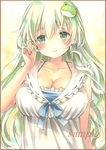  blush breasts cleavage collarbone colored_pencil_(medium) dress frog_hair_ornament green_eyes green_hair hair_ornament kochiya_sanae large_breasts long_hair marker_(medium) potto purple_eyes ribbon_trim sample smile snake_hair_ornament solo touhou traditional_media upper_body white_dress 