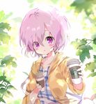  ahoge b_rock bad_id bad_pixiv_id bag beige_jacket blush coffee_cup cup disposable_cup drink eyes_visible_through_hair fate_(series) giving hair_between_eyes holding hood hood_down hooded_jacket jacket leaf looking_at_viewer maple_leaf mash_kyrielight open_mouth plaid purple_eyes purple_hair short_hair shoulder_bag solo starbucks upper_body 