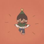  1boy alternate_costume black_pants blush chibi chibi_only closed_eyes dark-skinned_male dark_skin full_body kel_(faraway)_(omori) kel_(omori) male_focus mewowem_omo omori open_mouth orange_background pants simple_background smile solo 