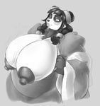  anthro bear big_breasts blush breasts clothing dofus exposed_breasts female greyscale hair huge_breasts lips mammal monochrome nipples overweight overweight_female panda pandawa pandawa_queen smile solo unknown_artist wakfu 