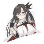  1girl azur_lane bare_shoulders black_gloves black_ribbon breasts brown_hair cleavage_cutout clipboard closed_mouth clothing_cutout collared_dress commentary_request cropped_torso dress dupleix_(azur_lane) glasses gloves hair_ribbon holding holding_clipboard large_breasts long_hair looking_at_viewer mumei_shumi parted_bangs purple_eyes ribbon round_eyewear semi-rimless_eyewear sideboob simple_background smile solo twitter_username under-rim_eyewear white_background white_dress yellow-framed_eyewear 
