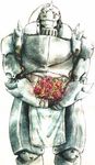  1boy alphonse_elric apron armor bouquet flower full_armor fullmetal_alchemist looking_at_viewer rose solo white_background 