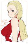  arms_at_sides artist_name blonde_hair blush forehead from_side girls_und_panzer grey_eyes hair_pulled_back isshiki_(ffmania7) light_smile long_hair low_ponytail sasaki_akebi signature sketch solo sportswear upper_body volleyball_uniform 