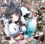  :o black_hair bow card cup eyebrows_visible_through_hair hair_bow holding holding_stuffed_animal long_hair looking_at_viewer ogino_atsuki open_mouth original playing_card red_bow red_eyes solo stuffed_animal stuffed_bunny stuffed_toy tea_kettle teacup wings 