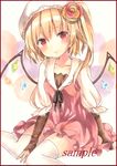  adapted_costume arm_warmers bangs blonde_hair collarbone colored_pencil_(medium) dress flandre_scarlet flower hat hat_flower long_hair marker_(medium) potto puffy_sleeves red_dress red_eyes sample side_ponytail sitting solo thighhighs touhou traditional_media white_hat white_legwear wings 