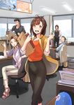  3boys :d ahoge black_hair black_pants blouse blue_shirt brown_eyes brown_hair capri_pants cardigan chair commentary_request day desk hand_in_pocket hand_up high-waist_pants holding holding_pencil indoors looking_at_another looking_at_viewer multiple_boys multiple_girls nanahime office office_chair open_cardigan open_clothes open_mouth orange_blouse pants paper pencil purple_blouse purple_eyes sandals senpai_genkou_mada_desuka!_shinmai_henshuusha_bestseller_wo_tsukuru shirt sidelocks sleeves_rolled_up smile solo_focus teeth vest 