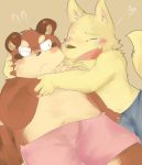  &lt;3 2011 anthro blush canid canine clothing cute_fangs duo eyes_closed fox ginnosuke humanoid_hands male mammal one_eye_closed overweight overweight_male raccoon_dog shorts simple_background tanuki wink 