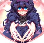  al_bhed_eyes blue_hair breasts curly_hair grin hairband heart hex_maniac_(pokemon) large_breasts long_hair looking_at_viewer pokemon pokemon_(game) pokemon_sm pokemon_xy purple_hairband smile solo tokyo_(great_akuta) wavy_mouth 