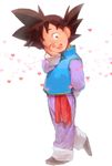  1boy black_eyes black_hair blue_shirt dragon_ball dragonball_z hand_on_own_cheek heart highres leg_up looking_at_viewer one_eye_closed open_mouth pants purple_pants red_clothes shirt solo son_goten spiked_hair supobi 