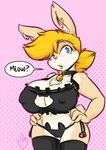  anthro bell big_breasts blonde_hair blue_eyes breasts brown_fur buzz_brambles_(pookahforhire) cat_lingerie clothing collar dialogue duckdraw female fur hair keyhole_lingerie lagomorph lingerie mammal nipple_bulge rabbit 