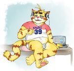  4_toes 5_fingers anthro blush boxers_(clothing) bulge clothing computer feline fur headphones hotoshuken laptop male mammal obese overweight pawpads shirt simple_background sitting solo sweat t-shirt tiger toes underwear 