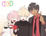  arash_(fate) astolfo_(fate) black_hair blonde_hair blush braid dark_skin dark_skinned_male fang fate/apocrypha fate/grand_order fate/prototype fate/prototype:_fragments_of_blue_and_silver fate_(series) hair_ribbon jekyll_and_hyde_(fate) kamuran_ran long_hair male_focus multiple_boys otoko_no_ko pink_hair protected_link purple_eyes red_eyes ribbon short_hair single_braid smile 