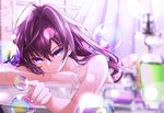  :3 ahoge bangs bathing bathroom blue_eyes blurry bubble closed_mouth collarbone commentary_request curtains depth_of_field giba_(out-low) hair_between_eyes ichinose_shiki idolmaster idolmaster_cinderella_girls index_finger_raised indoors long_hair looking_at_viewer lying nude on_stomach poking purple_hair smile solo window 