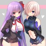  armor armored_dress bare_shoulders bb_(fate)_(all) bb_(fate/extra_ccc) blush breasts craytm elbow_gloves fate/extra fate/extra_ccc fate/grand_order fate_(series) gloves hair_over_one_eye lavender_hair leaning_forward long_hair mash_kyrielight multiple_girls navel panties purple_eyes purple_hair red_eyes short_hair thighhighs underwear 