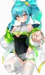  1girl absurdres aqua_hair bare_shoulders black_leotard blush closed_mouth english_commentary gift_art green_pupils gyaru_v hair_ornament highres indie_virtual_youtuber jacket leotard looking_at_viewer monster_girl piapi_ufo pink_eyes purple_hair second-party_source see-through_clothes see-through_shorts shorts simple_background slime_girl slime_hair solo star-shaped_pupils star_(symbol) star_hair_ornament symbol-shaped_pupils thighhighs v virtual_youtuber white_background white_jacket white_thighhighs 