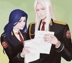  1girl acca_13-ku_kansatsu-ka blue_hair grossular hetero holding holding_paper long_hair luvsyung mauve_(acca) necktie paper papers purple_eyes red_neckwear smile standing uniform white_hair 