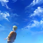  1boy alphonse_elric back_turned black_pants blonde_hair blue_sky cloud cloudy_sky fullmetal_alchemist pants red_shirt riru shirt sky solo standing white_skin wind wind_lift 