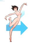  arrow_background barefoot breasts brown_eyes brown_hair directional_arrow full_body highres medium_breasts navel neocoill nipples nude one_eye_closed outstretched_arms overwatch patreon_username pussy short_hair skinny smile solo standing standing_on_one_leg tiptoes tracer_(overwatch) twitter_username watermark white_background 