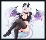  &gt;:) ass bikini black_border black_gloves boots border breasts cleavage collar crossed_legs demon_girl demon_tail demon_wings ehrrr elbow_gloves gloves hair_over_one_eye high_heels highres horns knee_boots large_breasts lilim_(monster_girl_encyclopedia) long_hair looking_at_viewer monster_girl_encyclopedia pointy_ears red_eyes riding_crop sitting smile solo succubus swimsuit tail thighhighs v-shaped_eyebrows very_long_hair white_background white_hair wings 