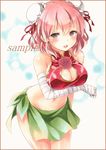 bandaged_arm bandages bare_shoulders breasts cleavage cleavage_cutout colored_pencil_(medium) double_bun flower ibaraki_kasen large_breasts leaning_forward looking_at_viewer marker_(medium) navel parted_lips pink_eyes pink_hair potto red_flower red_ribbon red_rose ribbon rose sample sarong smile solo standing touhou traditional_media 